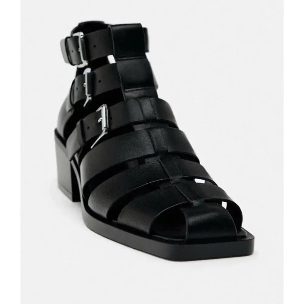 NEW ZARA Black Leather Fisherman Sandals Buckle Cage Heels Size 41 US 10 - Picture 4 of 11
